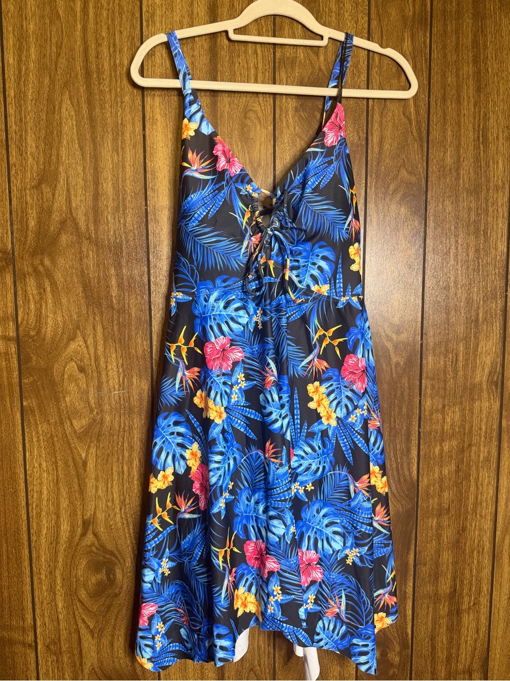 Lace-Up Tropical A-Line Swim Coverup Dress - Blue Floral